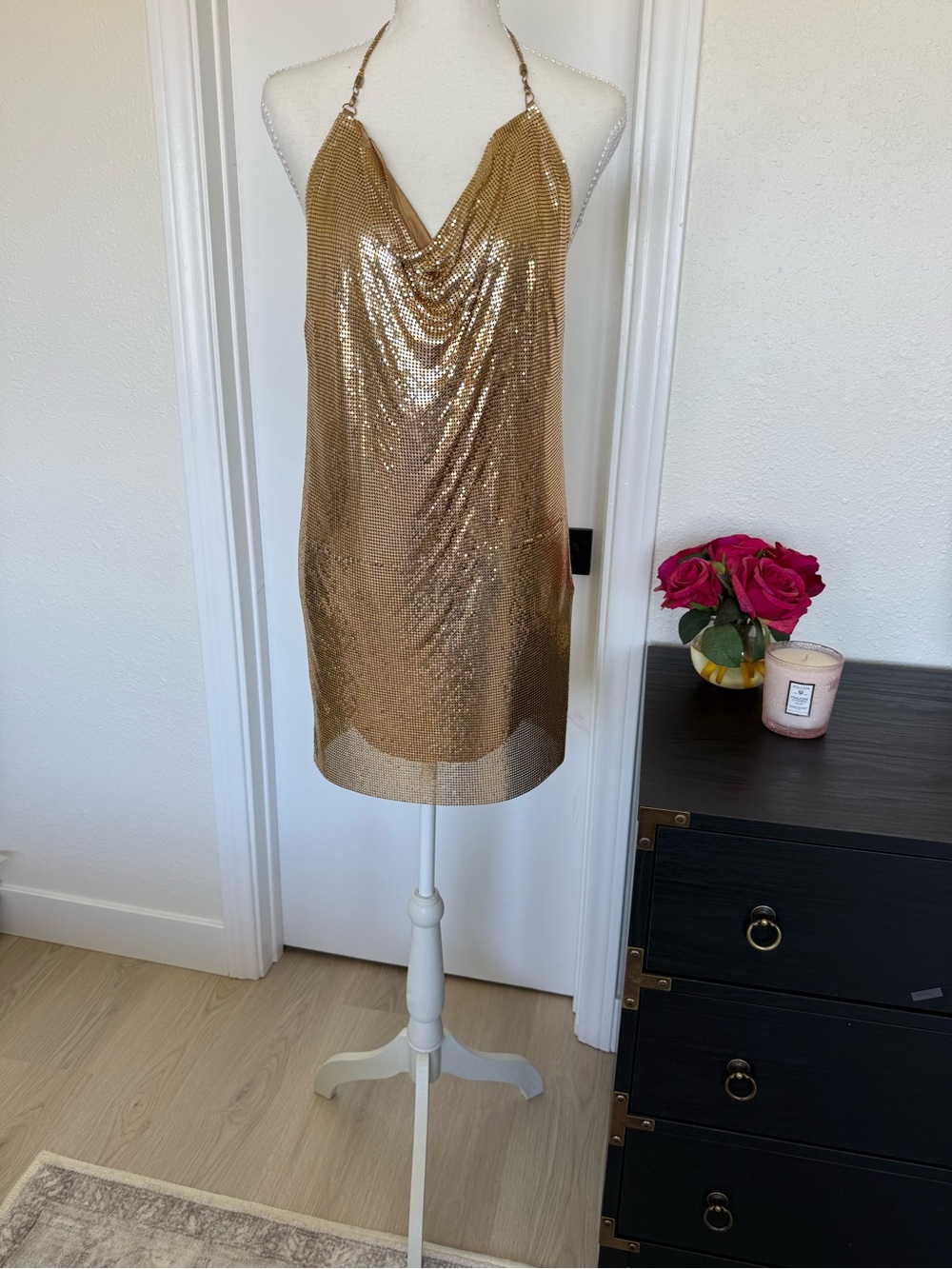Gold Sequin Cowl Neck Mini Dress NWT